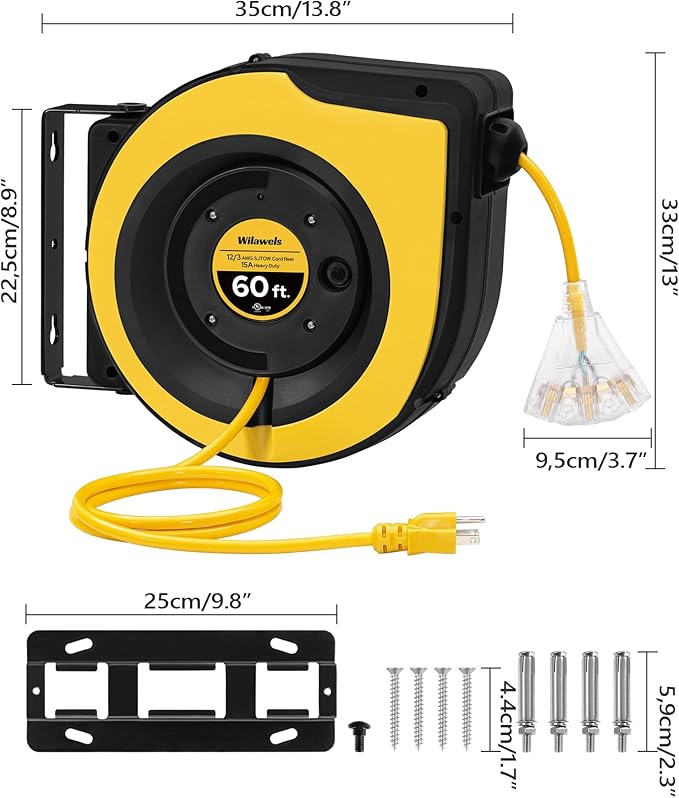 Retractable Cord Reel, 60 FT Heavy Duty Extension Cord, 12AWG/3C SJTOW, 3 Grounded Outlets Lighted Triple Tap, 15A Circuit Breaker, Wall/Ceiling Mounted, UL Listed, Yellow Y60CR06