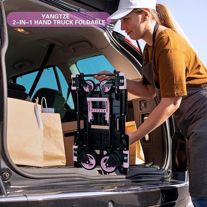 2 in 1 Folding Hand Truck,330LB Folding Dolly Cart with Wheels,Hand Truck Foldable with Telescoping Handle,Collapsible Portable Dolly with 2 Elastic Ropes for Moving(Pink)