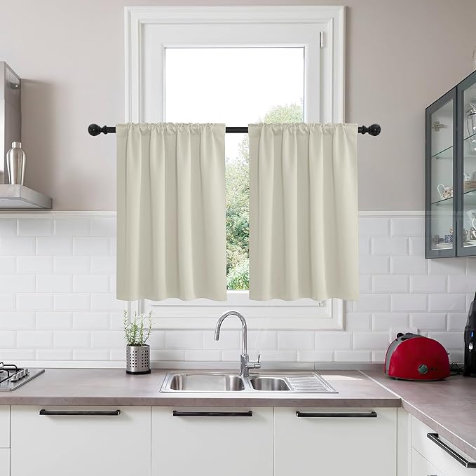 KGORGE Room Darkening Curtains 36 inch for Bedroom, Privacy Energy Saving Short Tiers Half Window Curtains for Bedroom Bathroom Dining Cafe, Back Tab Rod Pocket, W34 x L36, Beige, 2 Panels