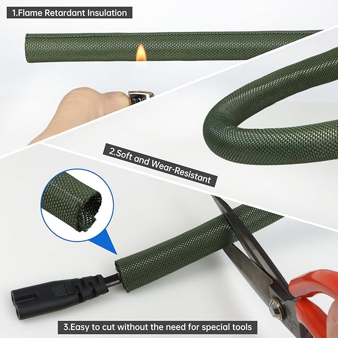 Split Braided Cable Sleeve，Flexible Wire Loom Tubing, Automotive Cord Protector Pet Proof, Cable Management for Computer TV Electric Wires Harness 16ft (Dark Green, 5mm（3/16")