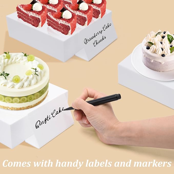 Buffet Risers, Acrylic Food Risers for Buffet Table, 8Pcs Buffet Table Risers with Mini Signs, Food Service Risers Display Stands Risers with Hollow Bottoms, 6" 6.5" 7" 8'' Risers for Buffet Jewelry