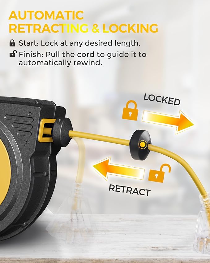 75 FT Retractable Extension Cord Reel, Heavy Duty Power Cord, 14AWG/3C SJTOW, 3 Grounded Outlets Lighted Triple Tap, 10A Circuit Breaker, Wall/Ceiling Mounted, ETL Listed, Yellow Y75ACR06