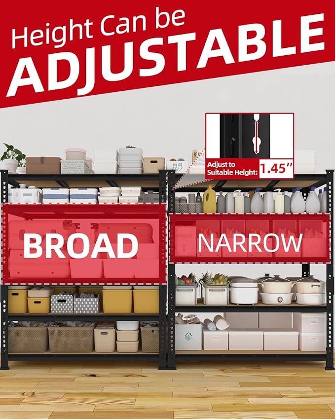 PrimeZone Heavy Duty Garage Storage Shelves - 48" W X 24" D X 72" H Adjustable Metal Shelving Unit, 5 Tier Industrial Shelves for Storage Standing Utility Rack for Warehouse, Pantry, Basement, Black