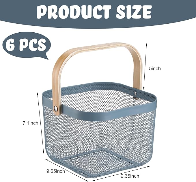 Roshtia 6 Pcs Metal Mesh Steel Basket with Handle, Square Wire Harvest Thanksgiving, Shopping Baskets for Retail Store Christmas Garden Bathroom Kitchen(9.65 x 9.65 x 7.09 Inch,Blue)
