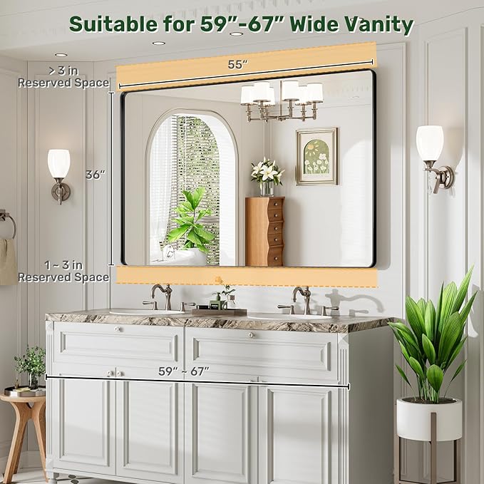 55X36 Black Bathroom Mirror for Over Sink, Metal Framed Vanity Mirror Wall Mounted, Rectangle Mirror for Bedroom Living Room Restroom Entryway, Anti-Rust, HD Tempered Glass