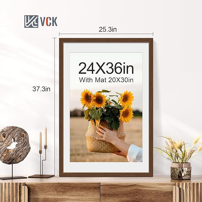 VCK 24x36 Poster Frame 2 Pack - Brown, High-End Wood Picture Frames with Polished Plexiglass, Display 20x30 Photo with Mat or 24x36 without Mat, Art Gallery-Quality, Wall Hanging, Brown