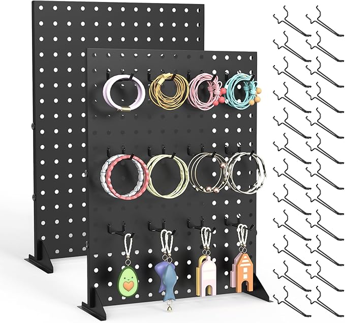 2 Pcs Metal Pegboard Display Stand with 24 Peg Hooks for Retail Crafe Shows&Fairs,Black Merchandise Display Rack for Seling Accessories,Display Stands for Boutique,Stores(16*12 inch)