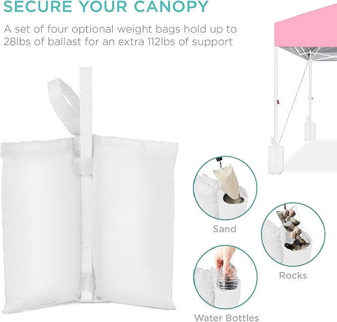 Best Choice Products 10x10ft 1-Person Setup Pop Up Canopy Tent Instant Portable Shelter w/ 1-Button Push, Case, 4 Weight Bags - Pink/White