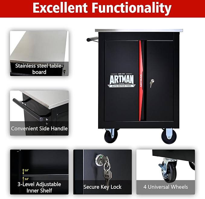 Rolling Tool Chest Box with 2 Doors and Adjustable Shelves, 22.2" D Movable Lockable Tool Cart Multi-Functional Hardware Storage Cabinet Box Auto Repair Locker