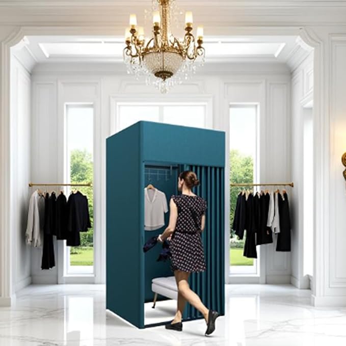 Clothing Store Fitting Room, Portable Dressing Room, Movable Changing Room for Boutique with Shading Fabric Cloth Privacy Curtains Screen for Bar Party Pool (Blue)