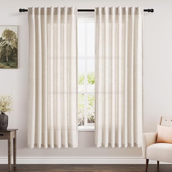 Sheer Beige Linen Back Tab Curtains 70 Inches Long 2 Panels Set Boho Light Filtering Curtain for Bedroom Living Room Neutral Window Drapes with Rod Pocket for Farmhouse Privacy Home Decor W52xL70