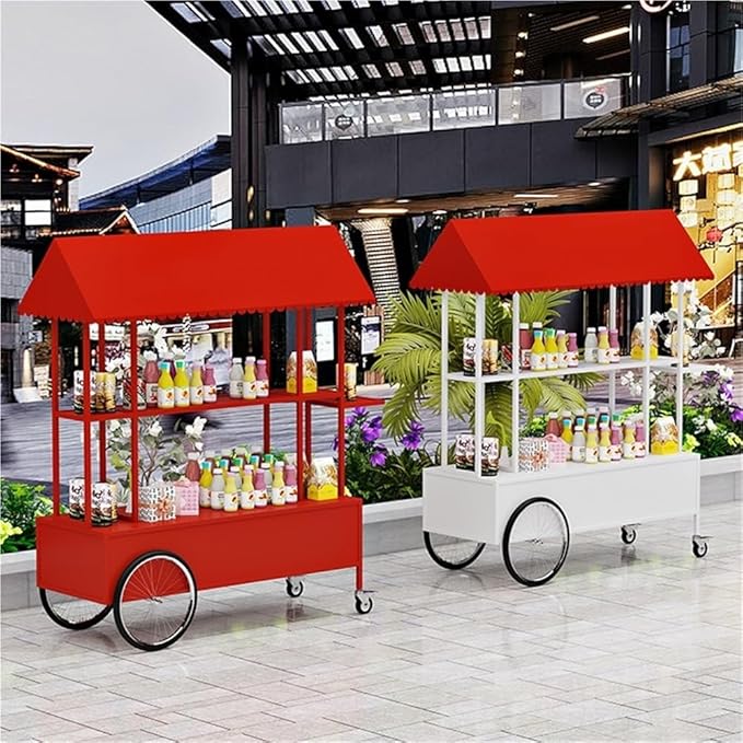 Portable Food Cart with Striped Canopy, Mobile Vendor Display Stand with Lockable Wheels, Iron Outdoor Cart for Market, Street Food or Events(Yellow,47.2in)
