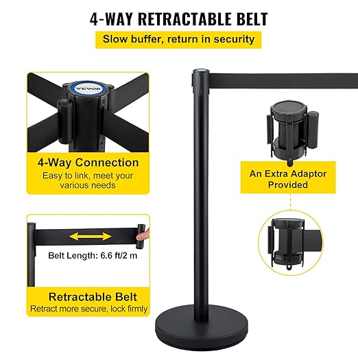 VEVOR Crowd Control Stanchions, 6-Pack Crowd Control Barriers with 3PCS 6.5FT Retractable Belts, Stanchion Posts Queue Pole for Crowd Control Barriers, Easy Assembly