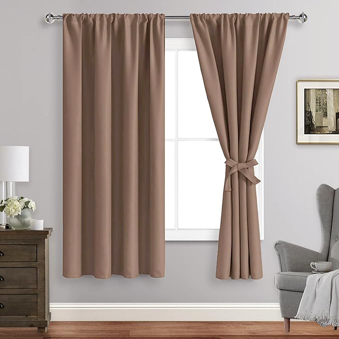JIUZHEN Blackout Curtains for Bedroom - Thermal Insulated Room Darkening Rod Pocket Curtains for Living Room, Set of 2 Panels with Tiebacks, 42 x 63 Inch Length, Cappuccino