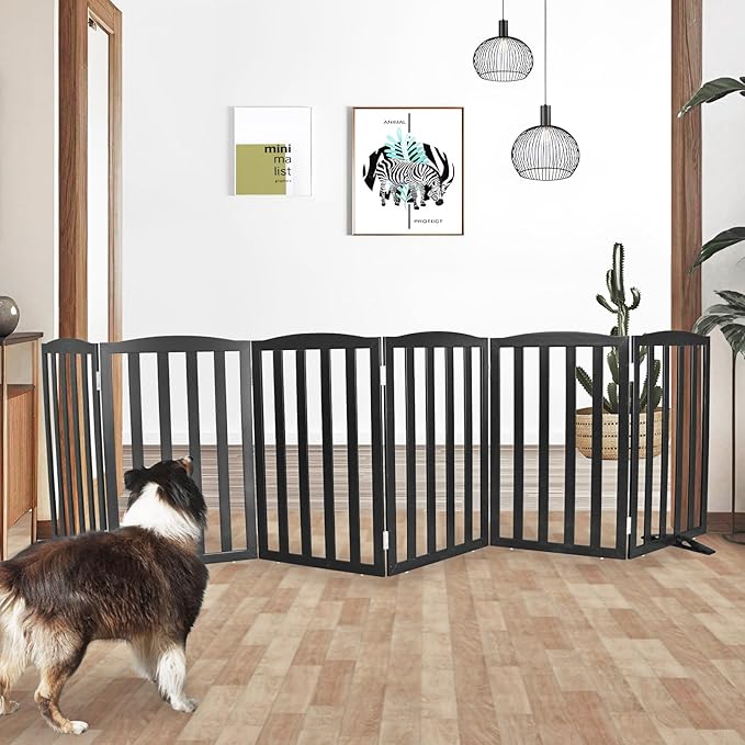 Freestanding Dog Gate Indoor,Doggie Gate Foldable Pet Gates for Doorways,Stairs or Hallways, Wooden Black Pet Gate for The House, Pet Fence with Support Feet Included,32 "Height-6 Panels