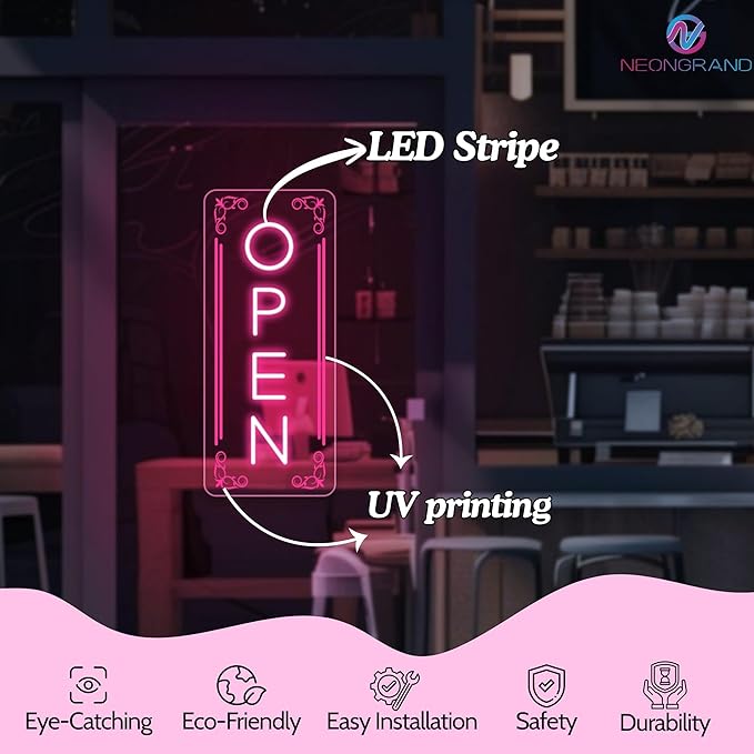 Vertical LED Open Signs for business – Super Bright - UV Printing Pattern, Remote Included - Large Size 20x50'' - Neon Open Sign for Café, Bar, Shop & Business Sign (Pink)