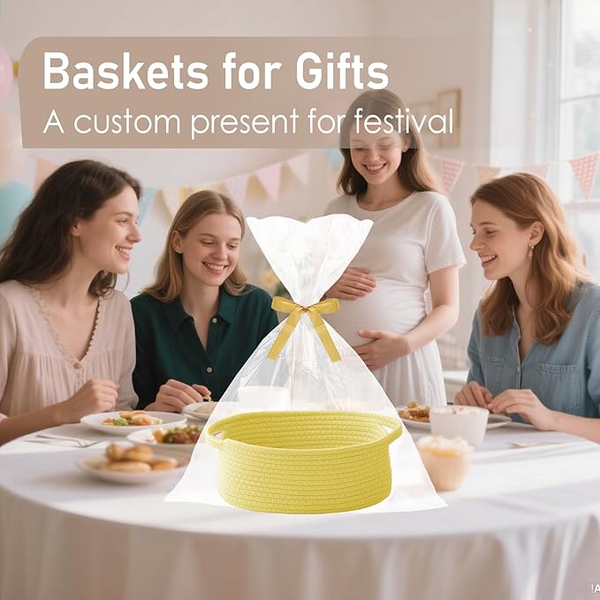 Woven Basket,Small Rope Storage Bin with Handles & Ribbon Bag, Organizer for Shelves Closets,Gift Basket Empty for Birthday,Books,Dog Toys, Yellow/3 Pack
