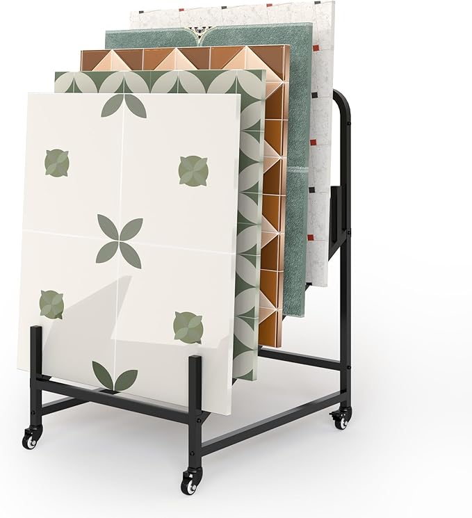 12-Tier Tile Sample Display Stand, Rolling Tile Sample Storage Rack, Metal Floor Tile Display Stand, Building Material Display Shelf, Slotted Tile Display Rack, Floor Sample Holder for Exhibition Hall