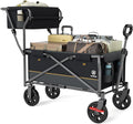 EVER ADVANCED Collapsible Push & Pull Shopping Cart with Wheels & Brakes, Foldable Wagon for Groceries with Practical Basket, Side Pockets & Cup Holders, Beach Utility Rolling Cart for Camping, Black