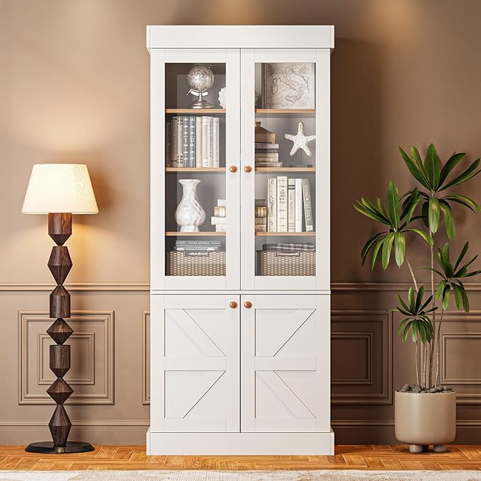 Vyre 71" Tall Farmhouse Bookshelves with Glass Doors and Drawers, Set of 2 – Large Modular Bookcase with Adjustable Shelves, Storage Cabinet for Living Room, Kitchen, White