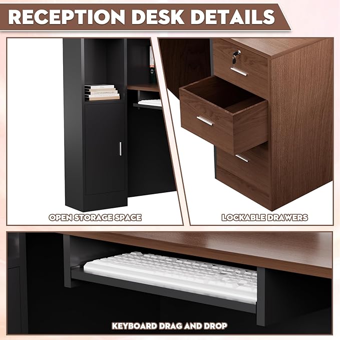 L-Shaped Modern Reception Desk with Counter & Storage - 71" Large Office Front Desk, Salon Checkout Counter with Lockable Cabinets, Shelves(Brown & Black, Right - 71''L x 34''W x 41''H)