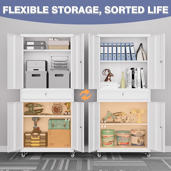 73" Metal Garage Storage Cabinet with Wheels， Rolling Tool Storage with Locking Doors， Adjustable Shelves and Drawer, Heavy Duty Steel Tool Cabinet for Garage, Warehouse, School(White)