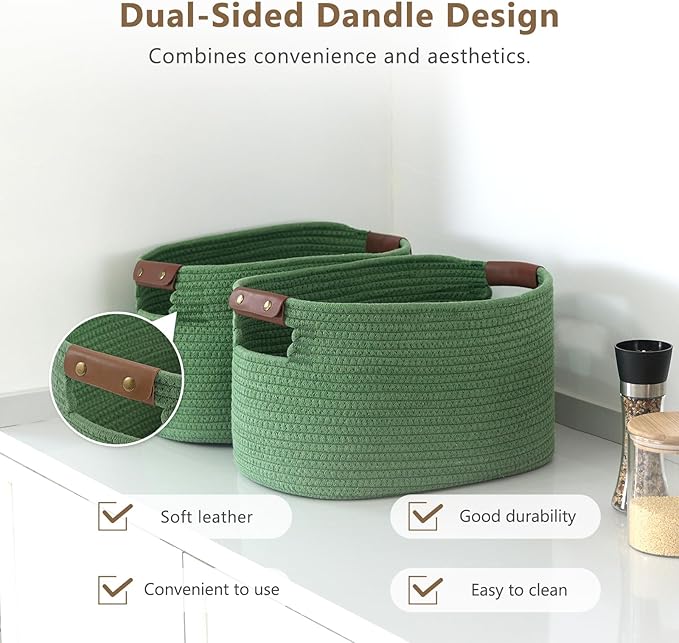 Cotton Rope Basket, Storage Baskets with Handle, 15x10x9 Inch Woven Basket for Shelves, Laundry, Towels, Clothes, Books (Green 1Pack)