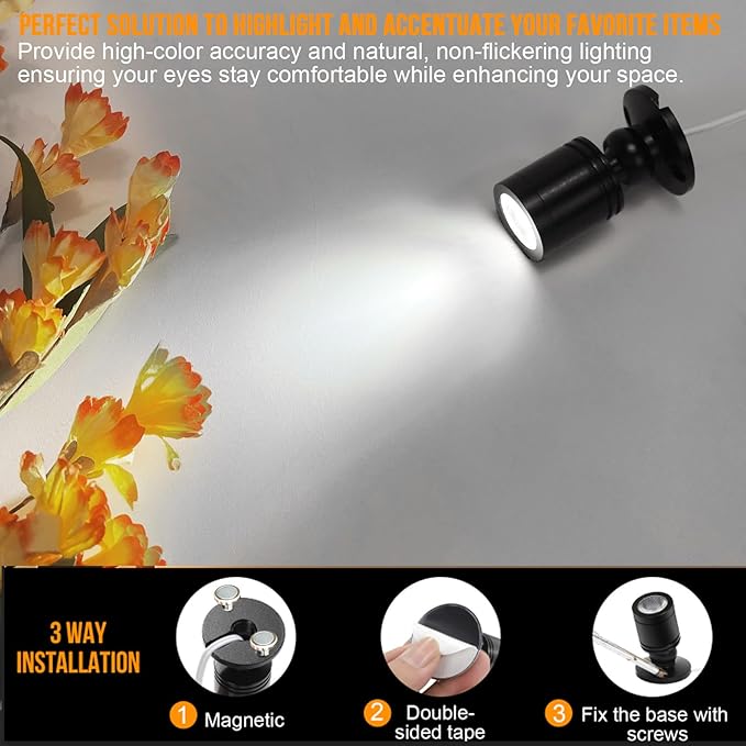 Taysing LED Spot Light Indoor Little Mini Spotlight Accent Lights for Display, Paintings, Pictures, Plants, Jewelry, Shelves, Cabinets, Posters, Showcase(ColdWhite 6 Pack Dimming&Timing)