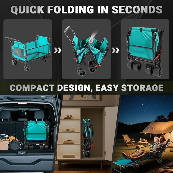 LEVELEVE Heavy Duty Folding Wagon - 2-in-1 Collapsible Cart, 650lb Capacity, All-Terrain Wheels w/Brakes & Side Pockets (Azure Blue)