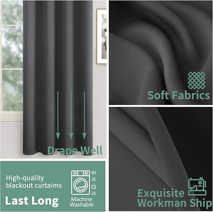 Short Blackout Curtains for Bedroom 40 Inch Length 2 Panels Set, Thermal Insulated Sun Blocking Soundproof Grommet Loft/Basement/Bathroom Window Curtains, Each 42 Inch Wide, Dark Grey