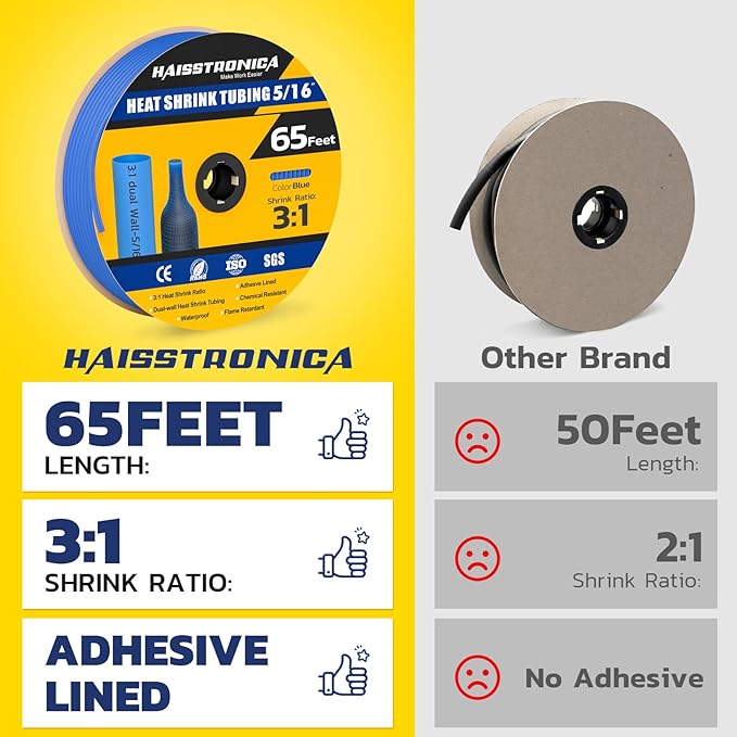 haisstronica 3:1 Heat Shrink Tubing, Shrink Ratio Adhesive Lined Marine Grade Heat Shrink Tube for Home, Automotive and Industrial (Blue) 65FT 5/16inch