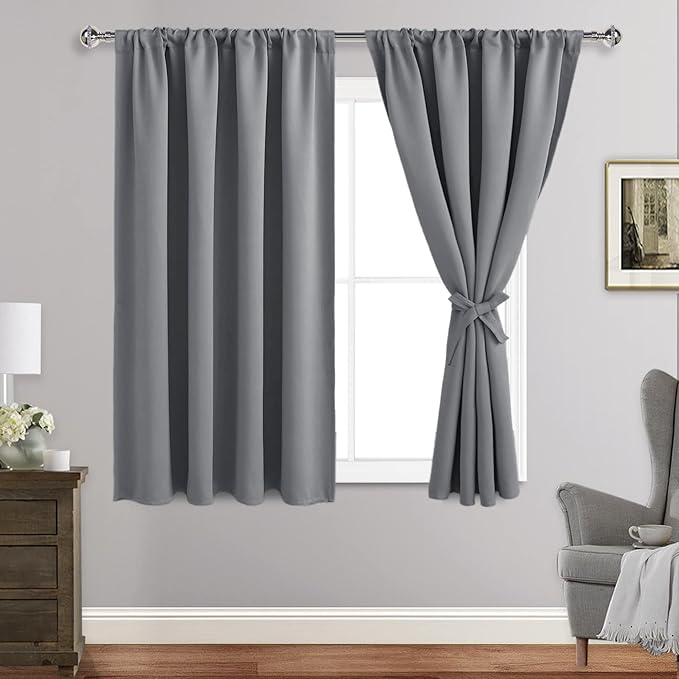 JIUZHEN Blackout Curtains for Bedroom - Thermal Insulated Room Darkening Noise Reducing, 52 x 54 Inch Length Curtains for Living Room, Set of 2 Panels with Tiebacks, Light Grey