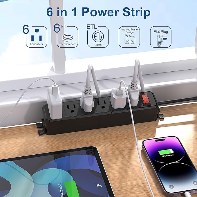 Wall Mount Power Strip,Flat Plug Power Strip with Switch,6ft Extension Cord,6 Outlets, Flexible Installation for Home, Office,and School,ETL Listed,Black (6ft,6 outlets)