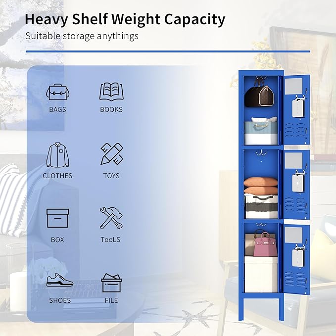 3 Doors Locker for Employees, Metal Locker Storage Cabinet for Home Office School Gym, Lockable, Require Assembly(Blue)