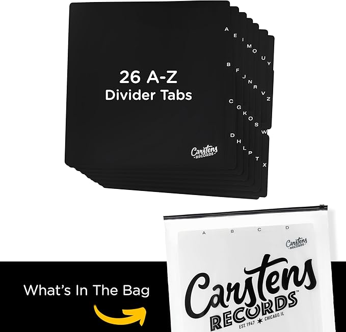Carstens Records Heavy Duty Vinyl Album Dividers A-Z | Single Sided Printing | 12" LP Organizers with Tabs | Pack of 26 Black | Made in The USA | for Side Browsing
