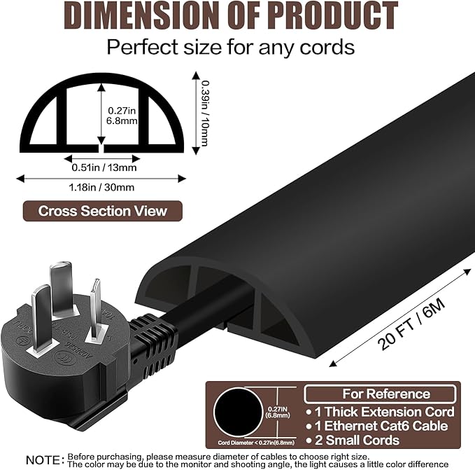 Floor Cord Cover Self Adhesive Cord Hider,20FT Cable Management, Extension Strip Protector for Wires, Prevent Cable Trips for Offices, Gyms, Exhibitions Cavity:0.39"(W) x 0.27"(H) Black