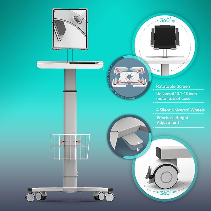 Adjustable Rolling Medical Cart: Pneumatic Mobile Workstation with iPad Enclosure for 9.7-13" iPad and Tablet - Ideal for Hospital Dental Clinic Office