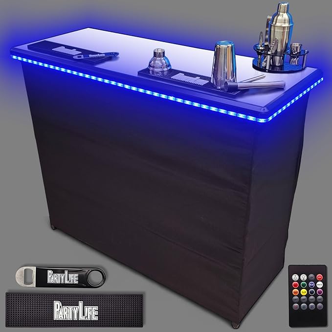 PartyLife Premium Portable Bar Table w/LED Lights, Wireless Remote, Folding Legs, Black Fabric Bar Skirt, 2 Storage Shelves & 2 Carrying Bags | Commercial Grade | Strong & Sturdy - White