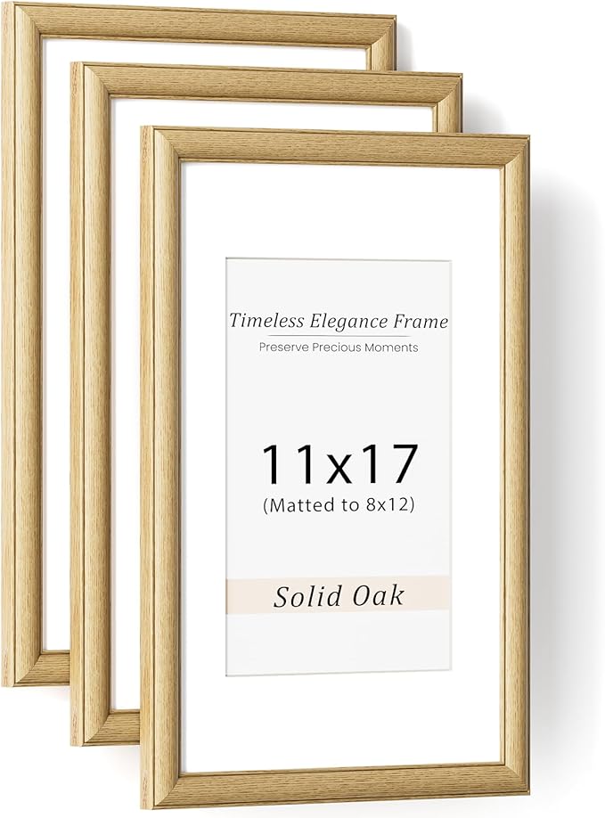 Natural Oak 11x17 Picture Frames Mat to 8x12 Picture Display Set of 3,Original Wood Handcrafted 11x17 Diploma Frame with Tempered Glass Graduation Family Wedding Certificate Photo Wall Mounted