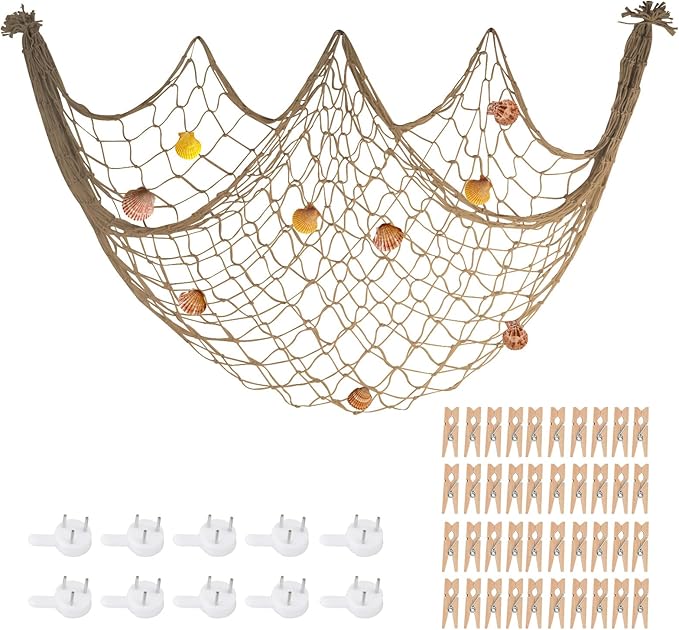 80x40 Inch Decorative Fishing Net w/Shells & Clips, 3mm Brown Natural Cotton Large Photo Hanging Fishnet, Wall Halloween Party Decorations for Nautical Pirate Hawaii Underwater Mermaid Themed Party