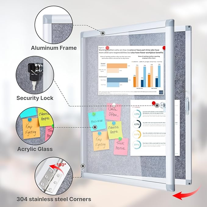 Enclosed Bulletin Board 20x26 Inch Outdoor Notice Board Tamper-Proof Flannel Lockable Display Cases with Aluminum Frame, All Weather Pinboard for Hospital, Restaurant Kitchen, Office