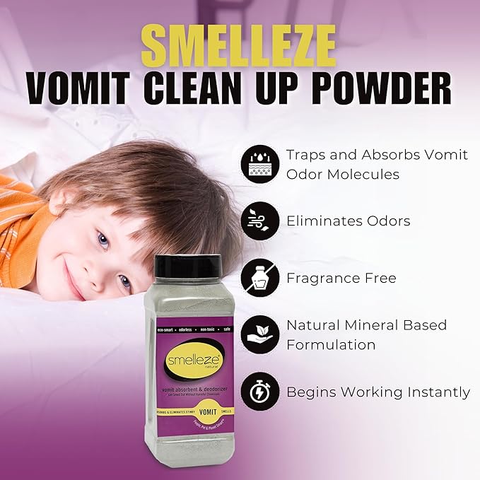 Smelleze Natural Vomit Odor Eliminator - Vomit Clean Up Absorbent Powder for Schools, Planes, Cars, Homes, Child Care, Medical & Other Facilities, 2 lb. Powder