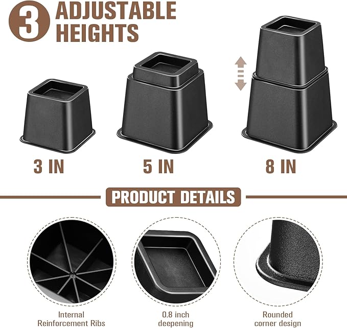 Bed Riser/Furniture Lift Bed/Bed risers/Furniture Lifter/Table risers/Frame Risers Create Under Bed Storage Heavy Duty for Furniture Height Adjustment (Black 9 Pack, 8 Inch)