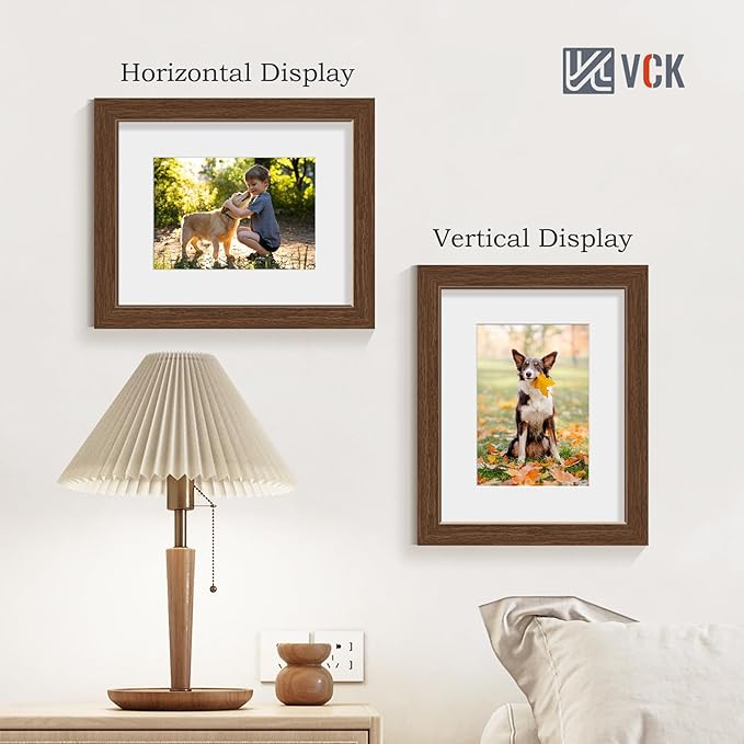 VCK 8x10 Picture Frame 5 Pack - Brown, High-End Wood Poster Frames with Tempered Glass, Display 5x7 Photo with Mat or 8x10 without Mat, Art Gallery-Quality, Wall Hanging/Tabletop, Brown