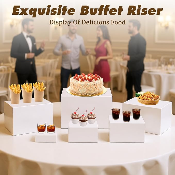6PCS Buffet risers Acrylic Cubes for Display Food risers for Buffet Table White Dessert Table displays Set Cube Boxes Display Nesting Riser Stands Cupcake Stands for decor5/6/6.8/7/7.5/8IN