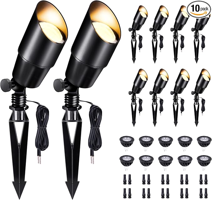 Waterproof Black LED Landscape Lights, 12V AC/DC Outdoor Spotlights, Aluminum Uplight for Fence Lawn Decorations with 5W MR16 Bulb 2700K 10 Pack