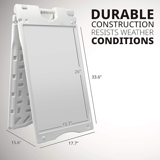 Jumbl A-Frame Signboard 15.7” x 26” Display Surface – Small Outdoor Sandwich Board w/Weather Resistant PVC Sign Protector & Sand Fill Holes – Dual Signage Stand for Storefront Sidewalk Curb (White)