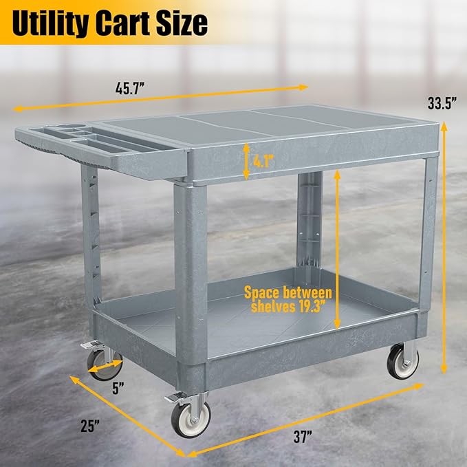 2 Tier Rolling Utility Cart on Wheels, 550 lbs Capacity Flat Top Plastic Service Cart with Lipped Shelves, 46 x 26-Inch Heavy Duty Work Cart for Warehouse, Garage, Cleaning, Gray