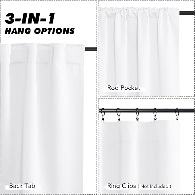 KGORGE Bedroom Curtains 2 Panel Sets, Room Darkening Thermal Insulated Noise Reducing Energy Efficiency Small Window for Bedroom Living Room, Back Tab Rod Pocket, W52 x L54, White