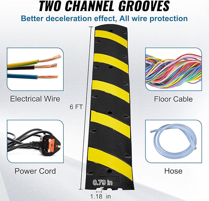 VEVOR 2PCs 6 ft/72'' Rubber Speed Hump, 2 Channel, 22000 lbs Capacity Heavy Duty Traffic Speed Bump, with High Reflective Yellow Strip 8 Expansion Screws and 1 Drill, for Asphalt Concrete Gravel Roads